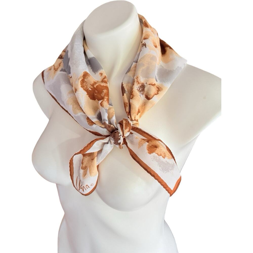 Vera Neumann Vintage Square Scarf Abstract Floral Caramel Brown Grey 20x20